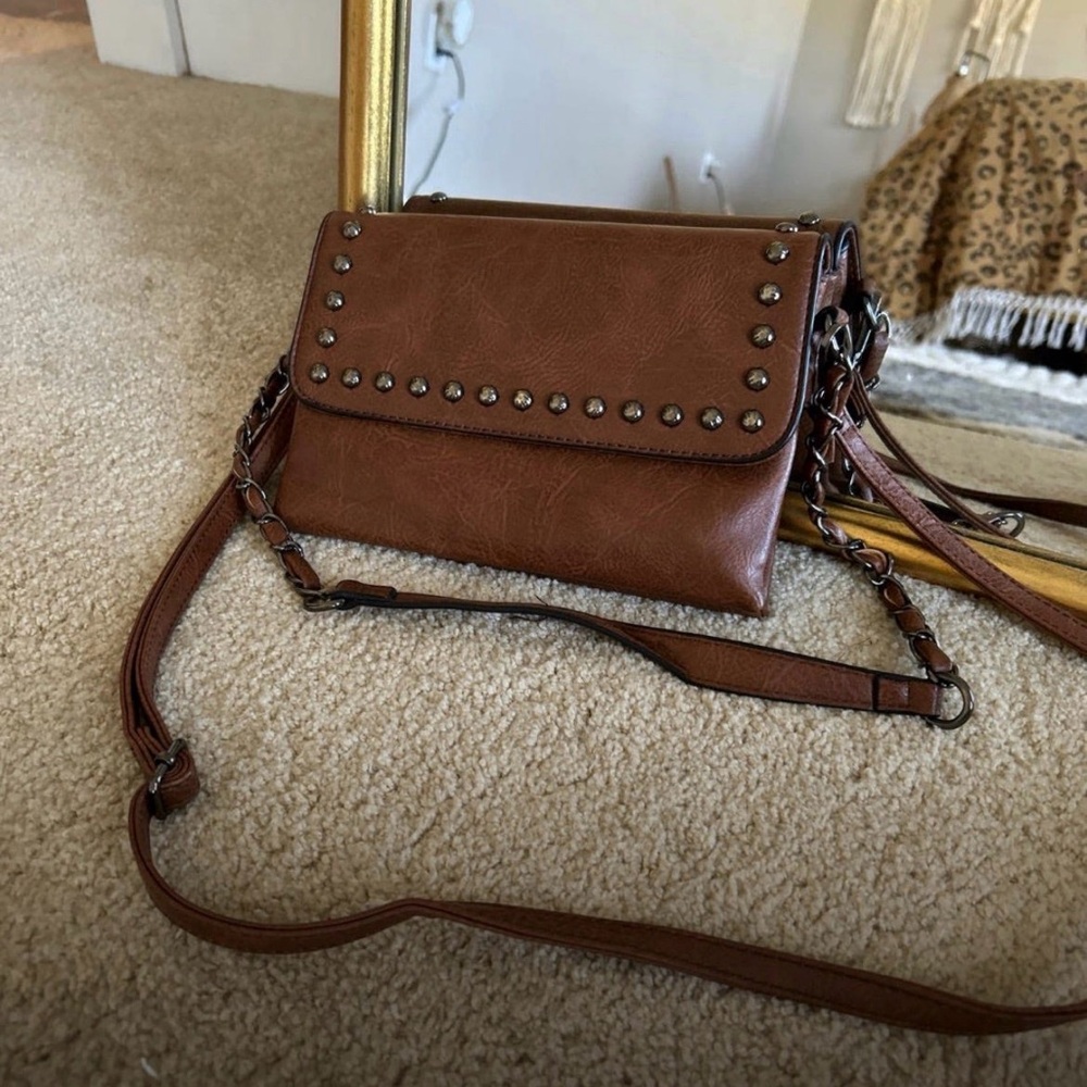 Studded Brown Leather Crossbody Bag